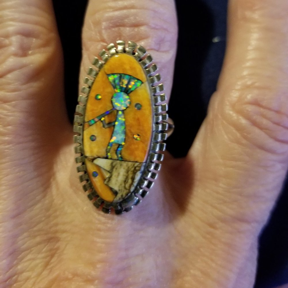 Kokopelli-Opal & Spiny Oyster-Sterling- Sz 7 1/2